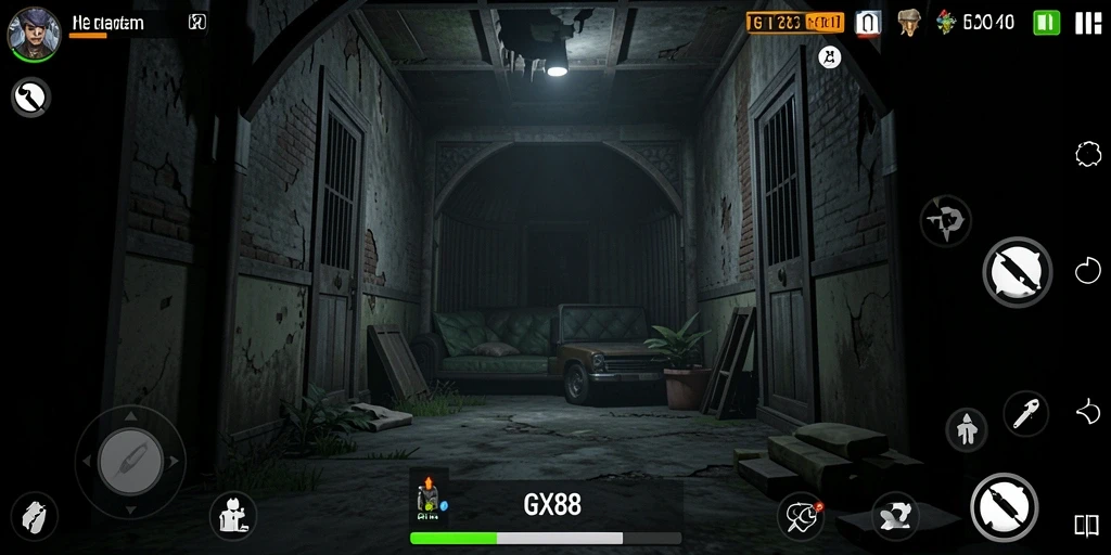 Screenshot gameplay GX88 yang menampilkan suasana Horror yang mencekam.