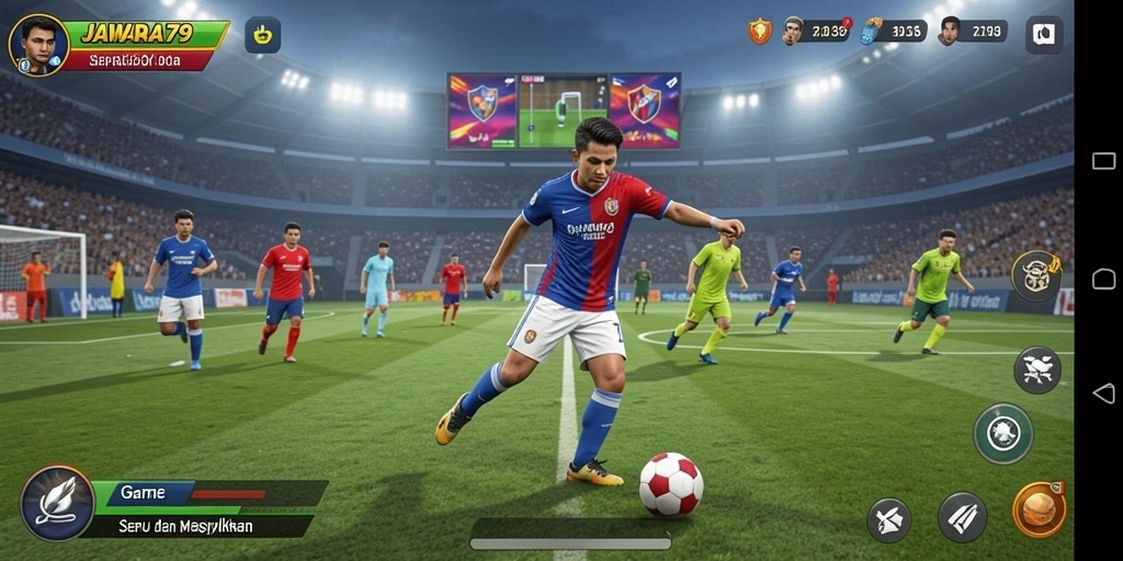 Tangkapan layar gameplay JAWARA79 yang menampilkan pertandingan sepak bola yang seru.